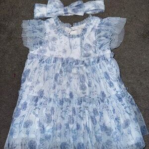 Floral Blue Kids Casual Dress with Headband